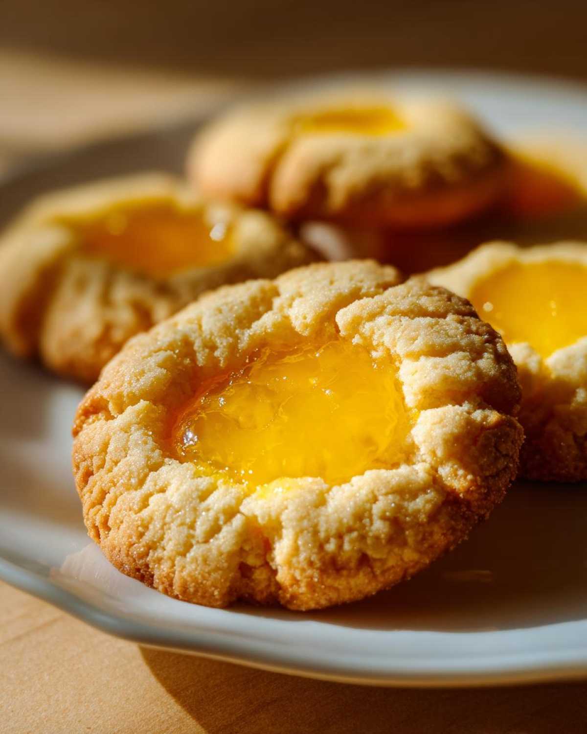 Close-up of a buttery Lemon Curd Thumbprint Cookie filled with bright yellow lemon curd.