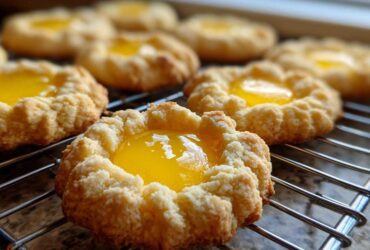 Close-up of freshly baked Lemon Curd Thumbprint Cookies with bright yellow filling cooling on a wire rack.