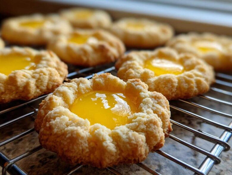 Close-up of freshly baked Lemon Curd Thumbprint Cookies with bright yellow filling cooling on a wire rack.