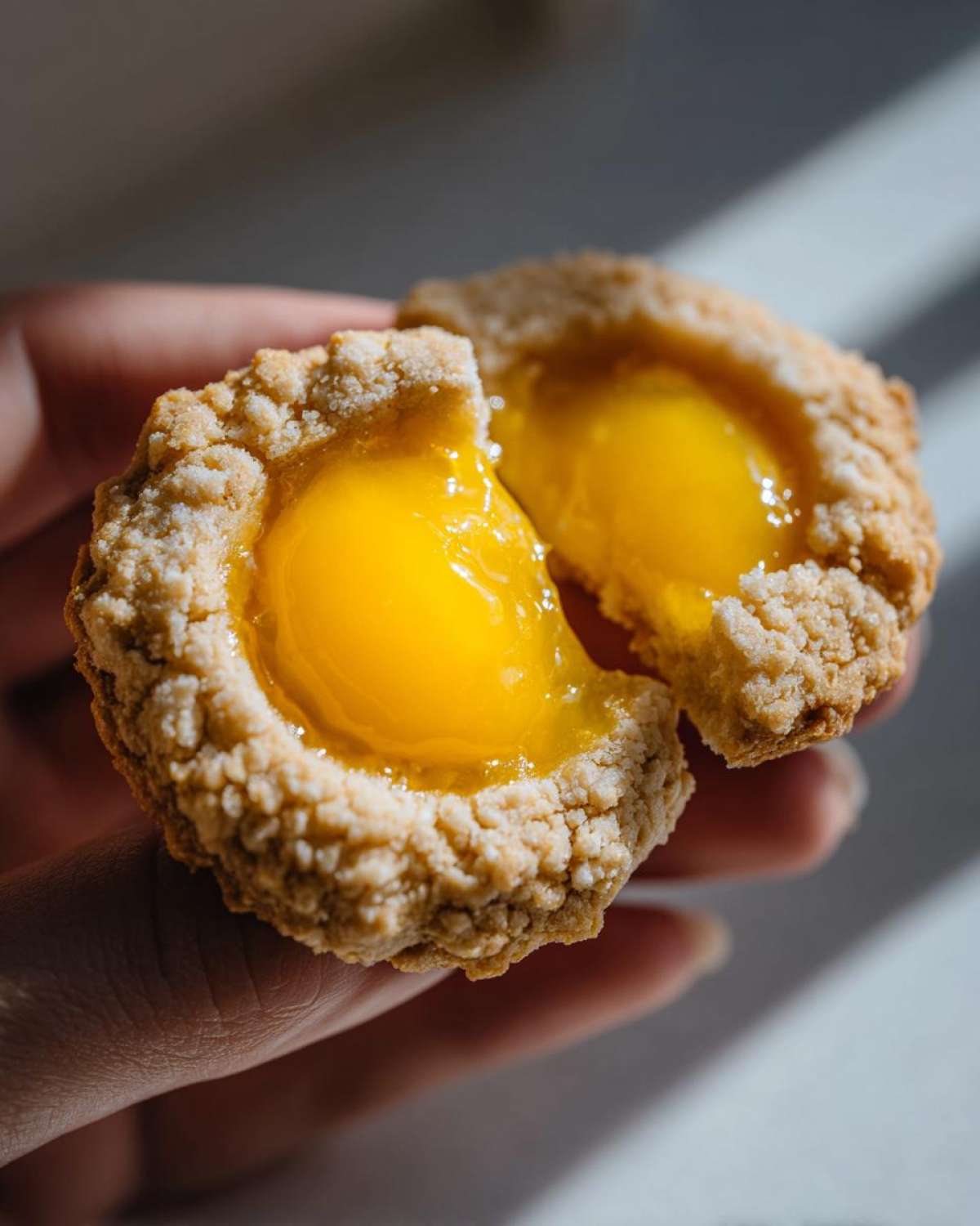 A close-up view of a Lemon Curd Thumbprint Cookie broken in half, revealing bright yellow, glossy lemon curd filling.