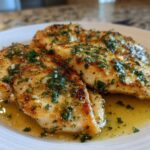Three pan-seared Lemon Garlic Butter Tilapia fillets swimming in buttery sauce and topped with fresh parsley.