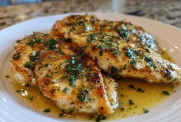 Three pan-seared Lemon Garlic Butter Tilapia fillets swimming in buttery sauce and topped with fresh parsley.