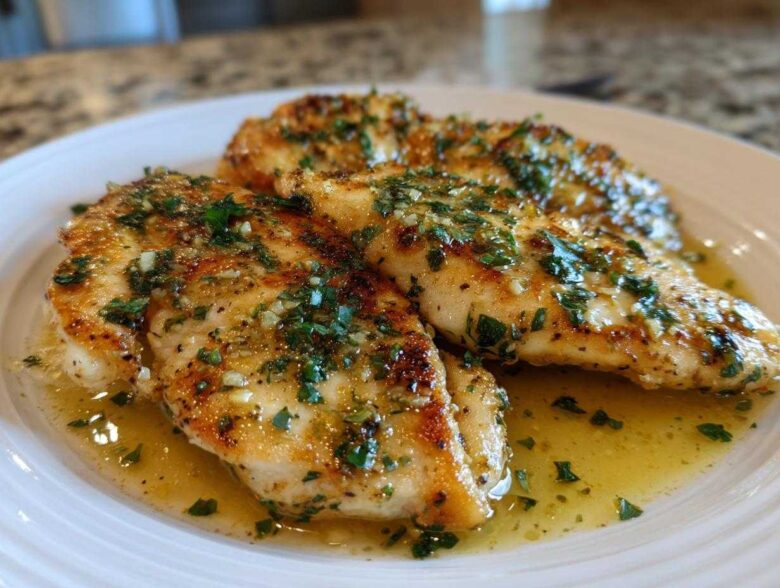 Three pan-seared Lemon Garlic Butter Tilapia fillets swimming in buttery sauce and topped with fresh parsley.