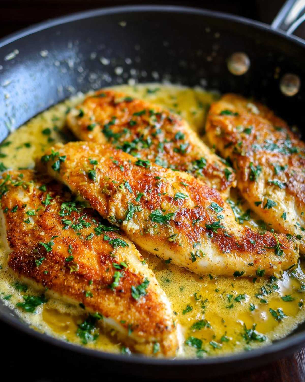 Four golden-brown fillets of Lemon Garlic Butter Tilapia simmering in a rich, buttery sauce with fresh parsley.