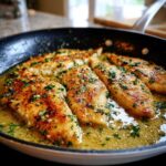 Close-up of golden-brown Lemon Garlic Butter Tilapia fillets simmering in a rich, buttery sauce with minced garlic and parsley.