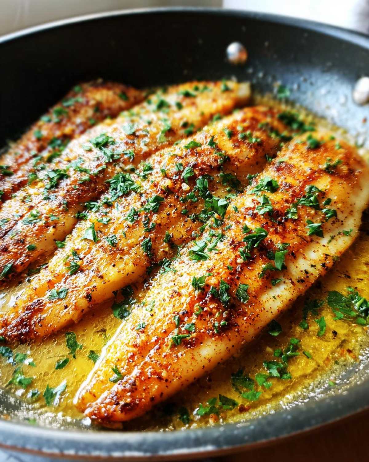 Close-up of seasoned Lemon Garlic Butter Tilapia fillets simmering in butter sauce and topped with fresh parsley.