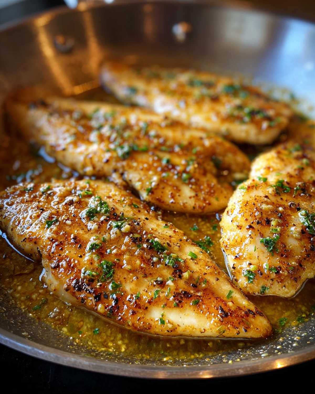 Close-up of four fillets of Lemon Garlic Butter Tilapia sizzling in a pan with rich, golden sauce and herbs.