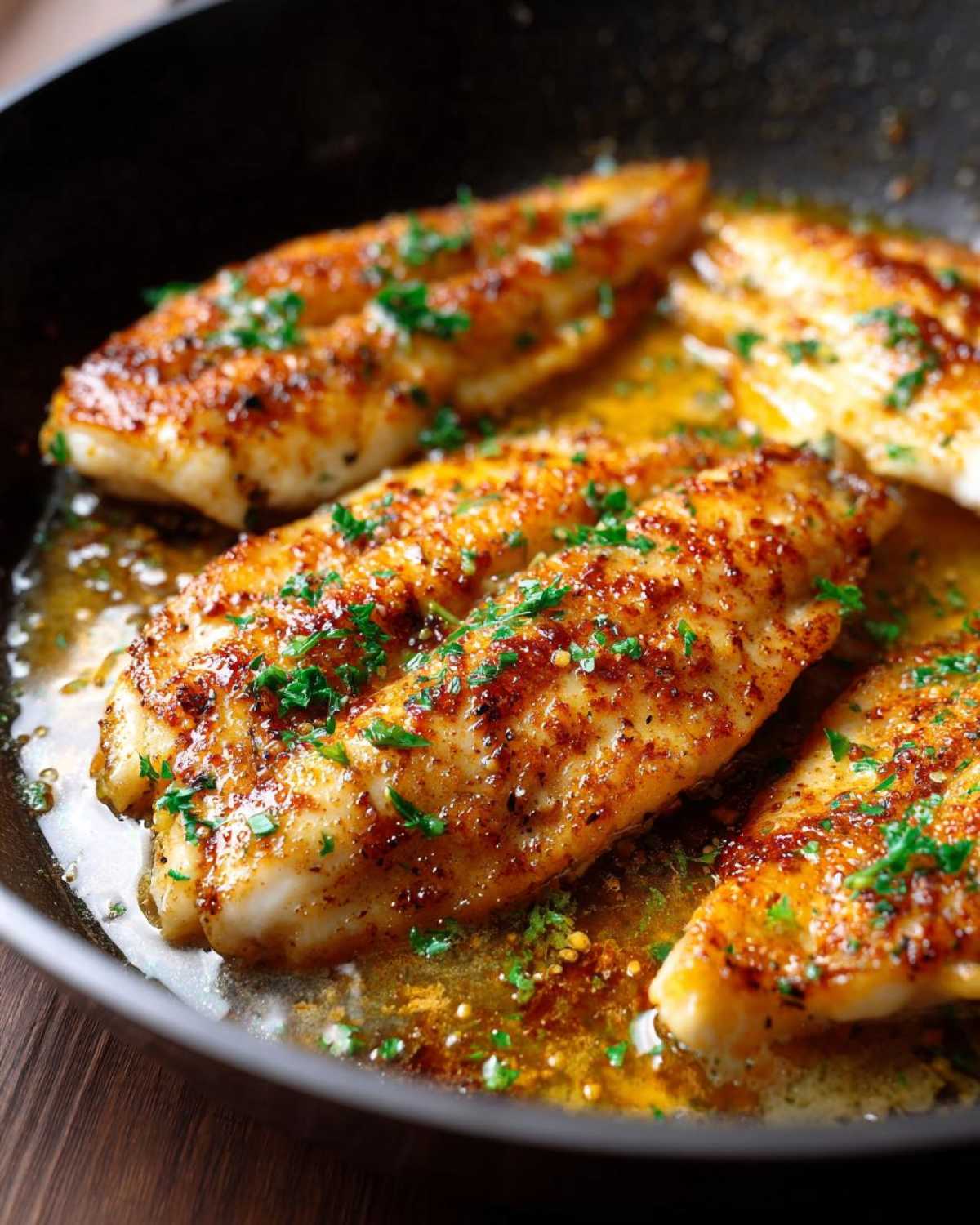 Close-up of four seasoned fillets of Lemon Garlic Butter Tilapia sizzling in a dark pan with melted butter and parsley.