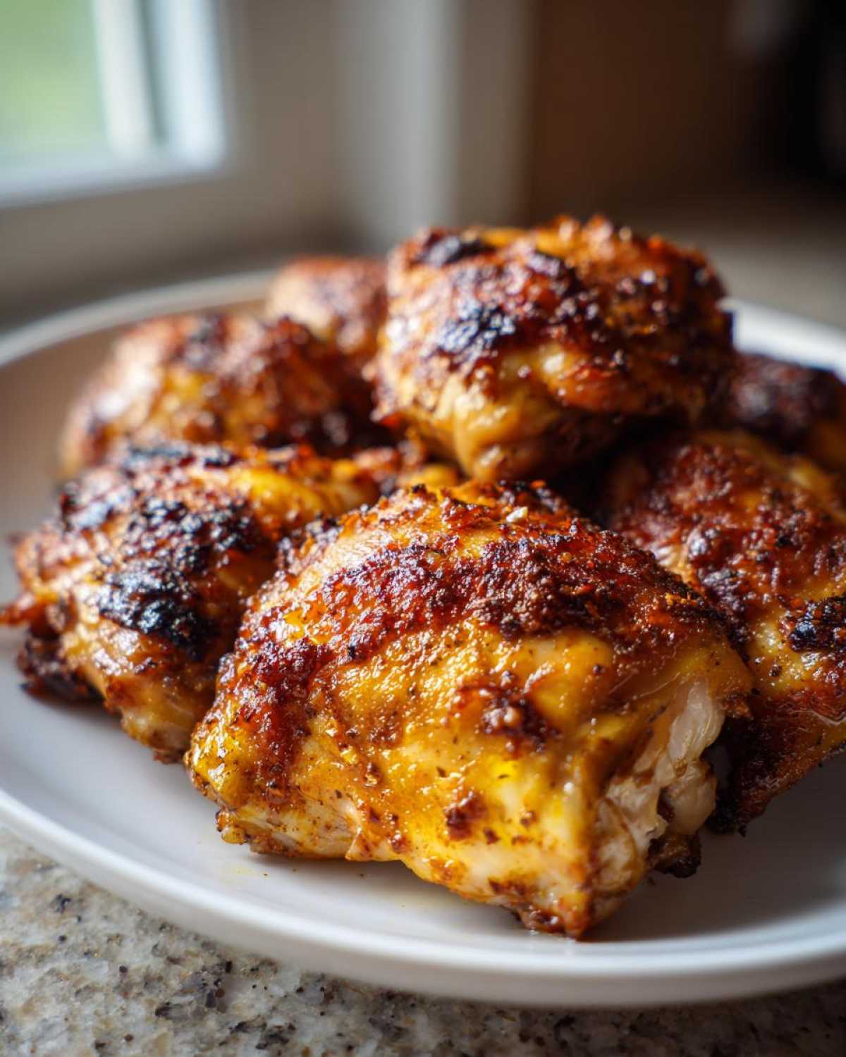 A close-up of several perfectly cooked Lemon Garlic Roasted Chicken Thighs with crispy, browned skin.