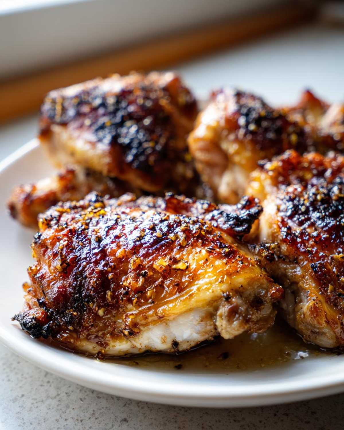 Close-up of several perfectly roasted Lemon Garlic Roasted Chicken Thighs with crispy, seasoned skin resting in pan juices.