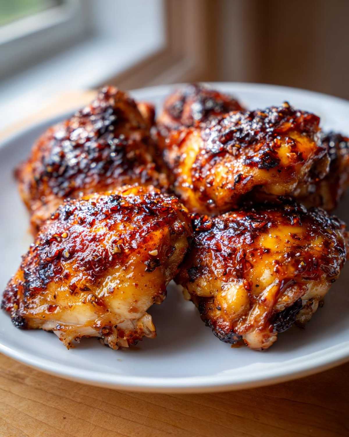 Close-up of four juicy Lemon Garlic Roasted Chicken Thighs with a dark, caramelized glaze on a white plate.