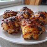Five perfectly roasted Lemon Garlic Roasted Chicken Thighs with crispy, caramelized skin on a white plate.