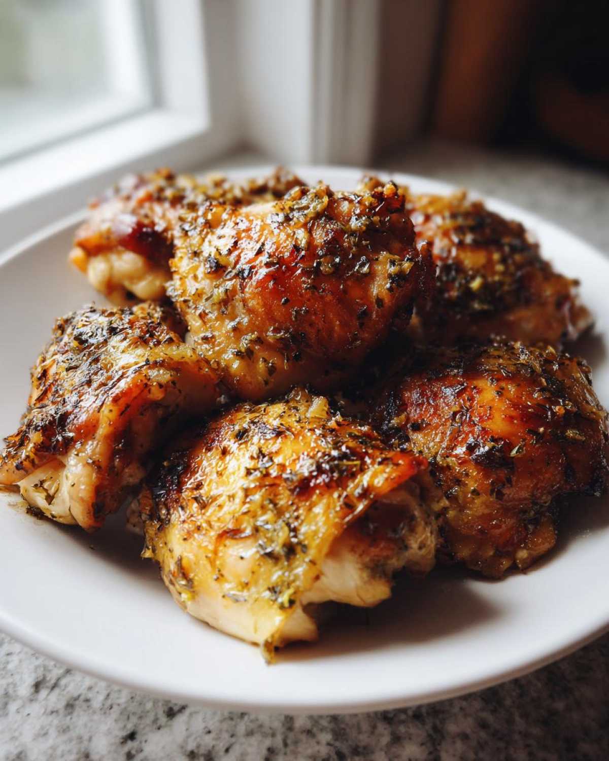 A close-up of several golden-brown Lemon Garlic Roasted Chicken Thighs piled on a white plate.