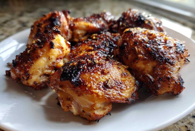 Close-up of several perfectly roasted Lemon Garlic Chicken Thighs with crispy, caramelized skin on a white plate.