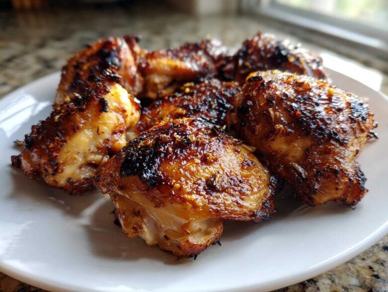 Close-up of several perfectly roasted Lemon Garlic Chicken Thighs with crispy, caramelized skin on a white plate.
