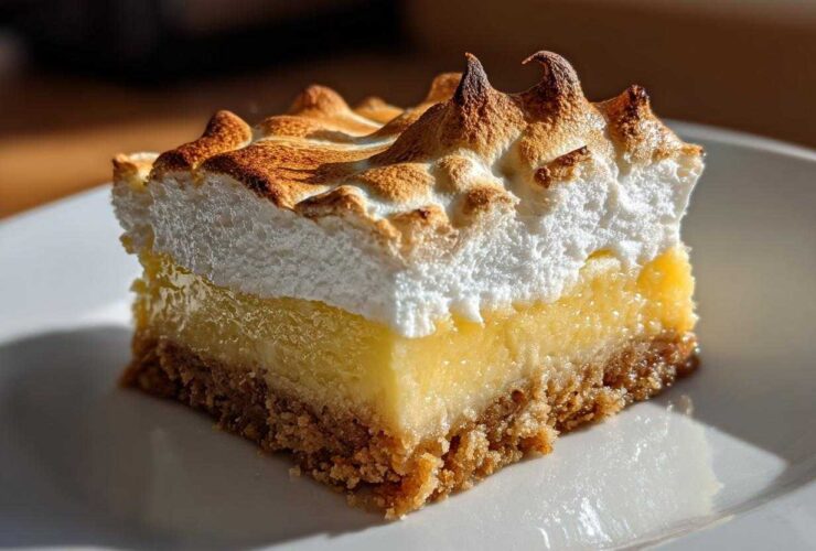 A close-up of a single square of Lemon Meringue Pie Bars showing graham cracker crust, lemon filling, and torched meringue.