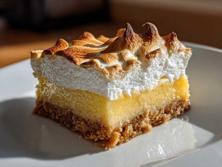 A close-up of a single square of Lemon Meringue Pie Bars showing graham cracker crust, lemon filling, and torched meringue.