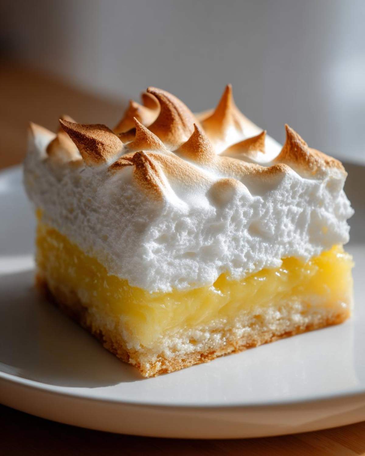 A close-up of a single serving of Lemon Meringue Pie Bars with a thick, toasted meringue topping.