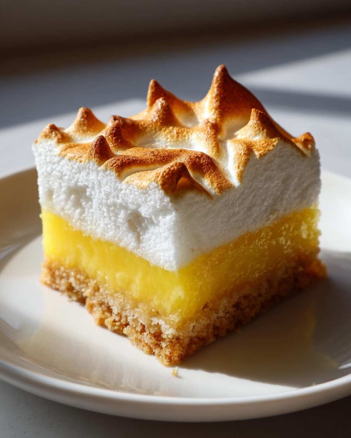 A single square of Lemon Meringue Pie Bars with a graham cracker crust, bright lemon filling, and torched meringue.