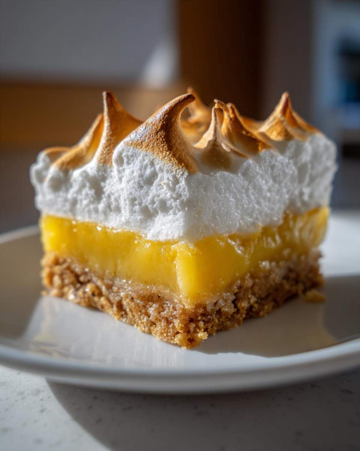 Close-up of a single serving of Lemon Meringue Pie Bars showing crust, bright yellow filling, and torched meringue peaks.