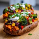 Close-up of a Loaded Veggie Stuffed Sweet Potato topped with black beans, corn, broccoli, and sour cream.