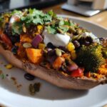 A vibrant Loaded Veggie Stuffed Sweet Potatoes half filled with roasted vegetables, topped with sour cream and cilantro.