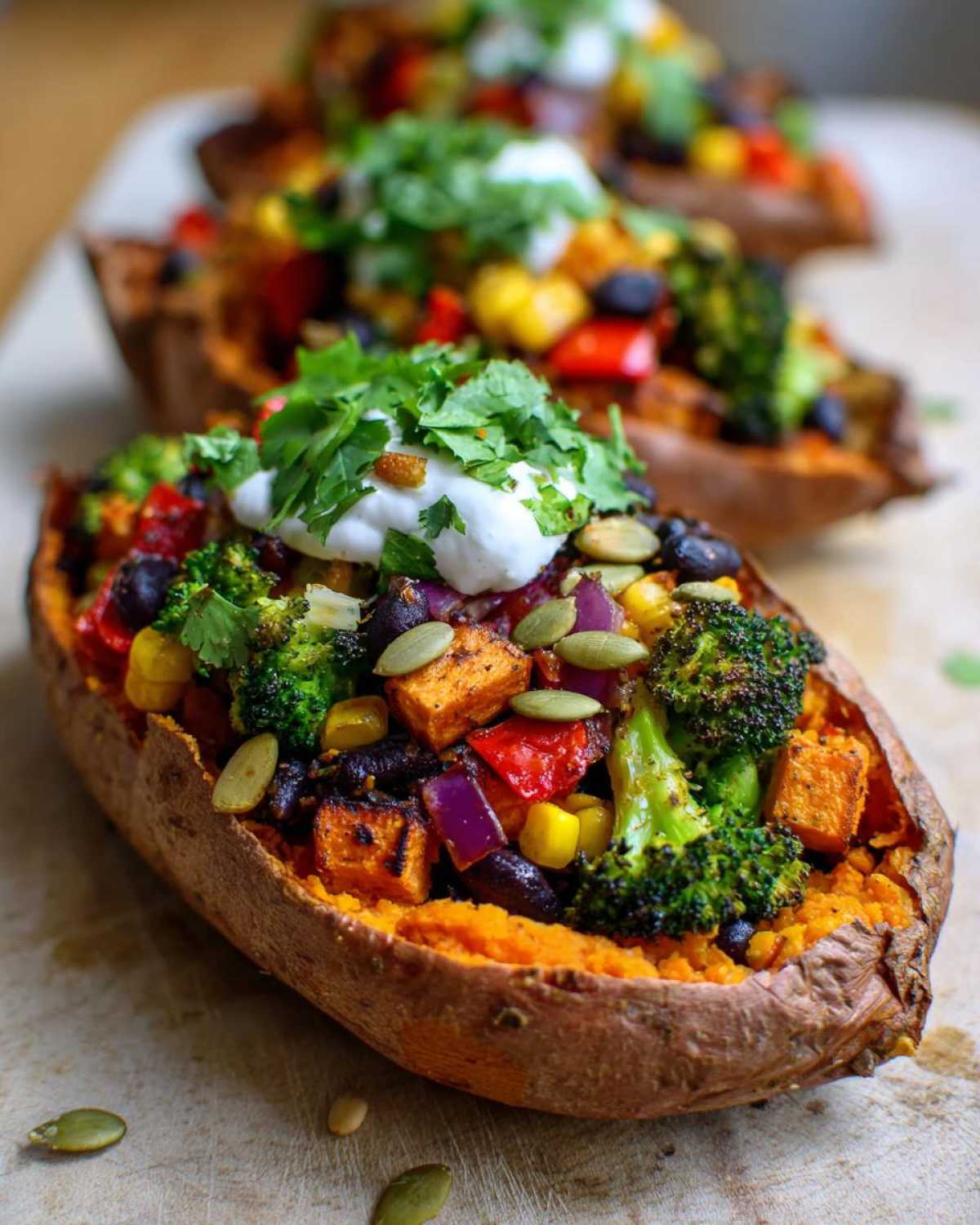 Close-up of a Loaded Veggie Stuffed Sweet Potato topped with black beans, corn, broccoli, and sour cream.