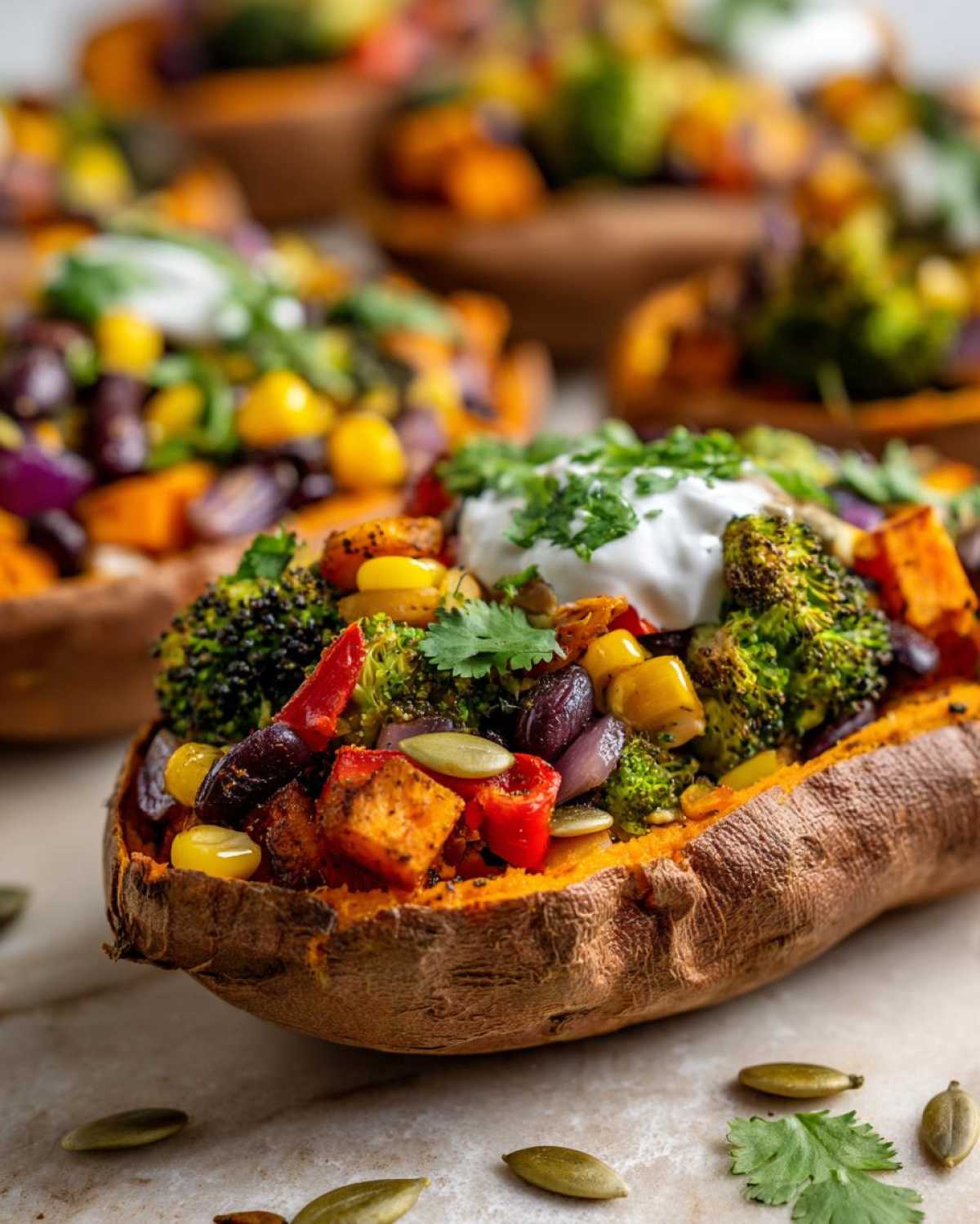 A close-up of a Loaded Veggie Stuffed Sweet Potato topped with roasted broccoli, corn, beans, and sour cream.