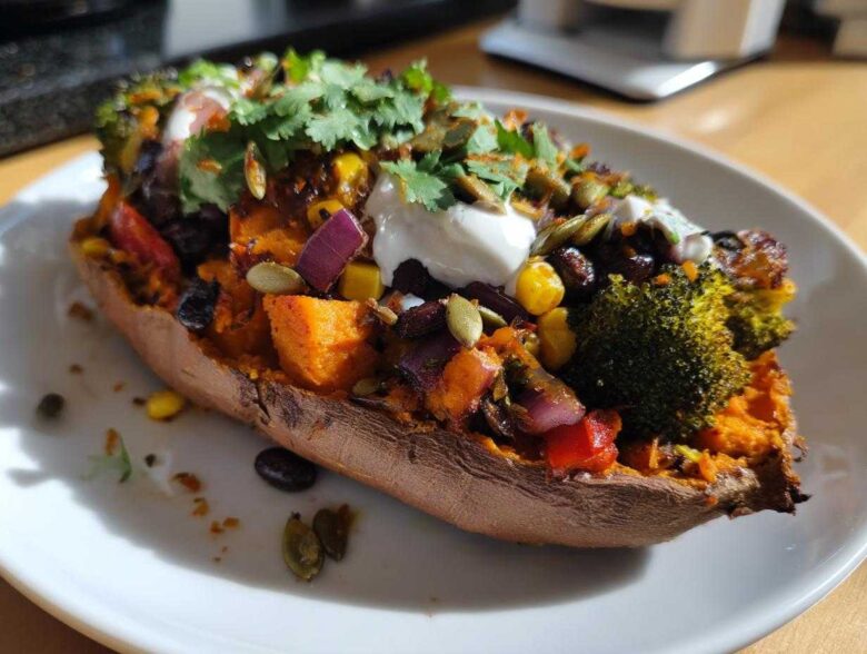 A vibrant Loaded Veggie Stuffed Sweet Potatoes half filled with roasted vegetables, topped with sour cream and cilantro.