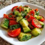 Close-up of a fresh Mediterranean Cucumber Tomato Salad with chopped herbs and dressing.