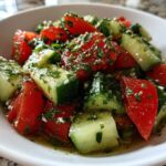 Close-up of a vibrant Mediterranean Cucumber Tomato Salad tossed with herbs and dressing in a white bowl.