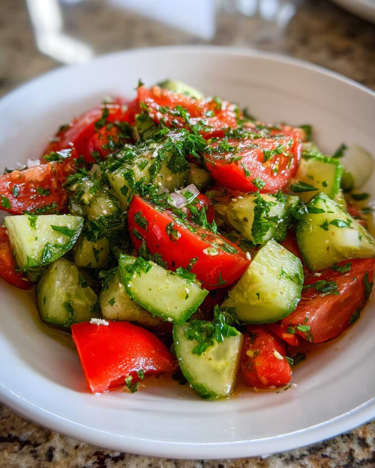 Close-up of a fresh Mediterranean Cucumber Tomato Salad with bright red tomatoes, green cucumbers, and fresh parsley.