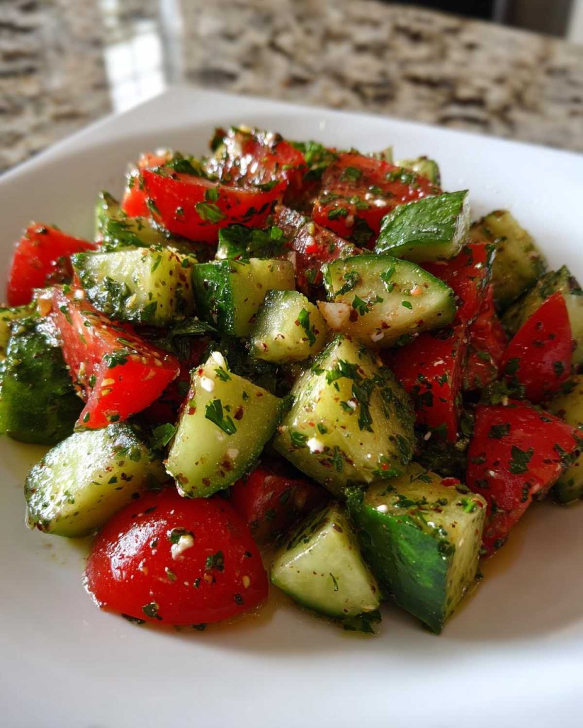 Close-up of a vibrant Mediterranean Cucumber Tomato Salad featuring chopped cucumbers, ripe tomatoes, and herbs in a light dressing.