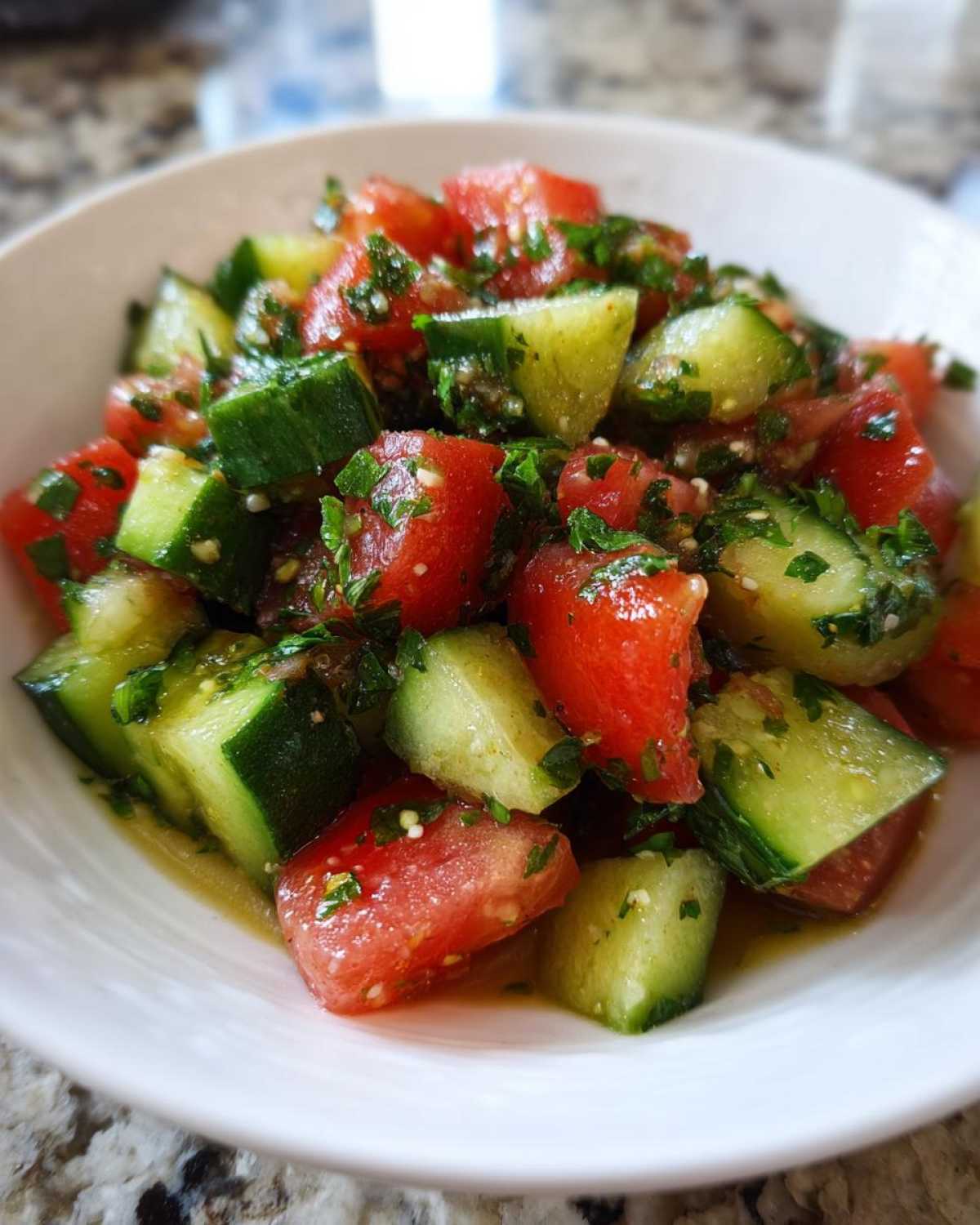 Close-up of chunky diced tomatoes and cucumbers tossed in a light dressing and herbs for Mediterranean Cucumber Tomato Salad.
