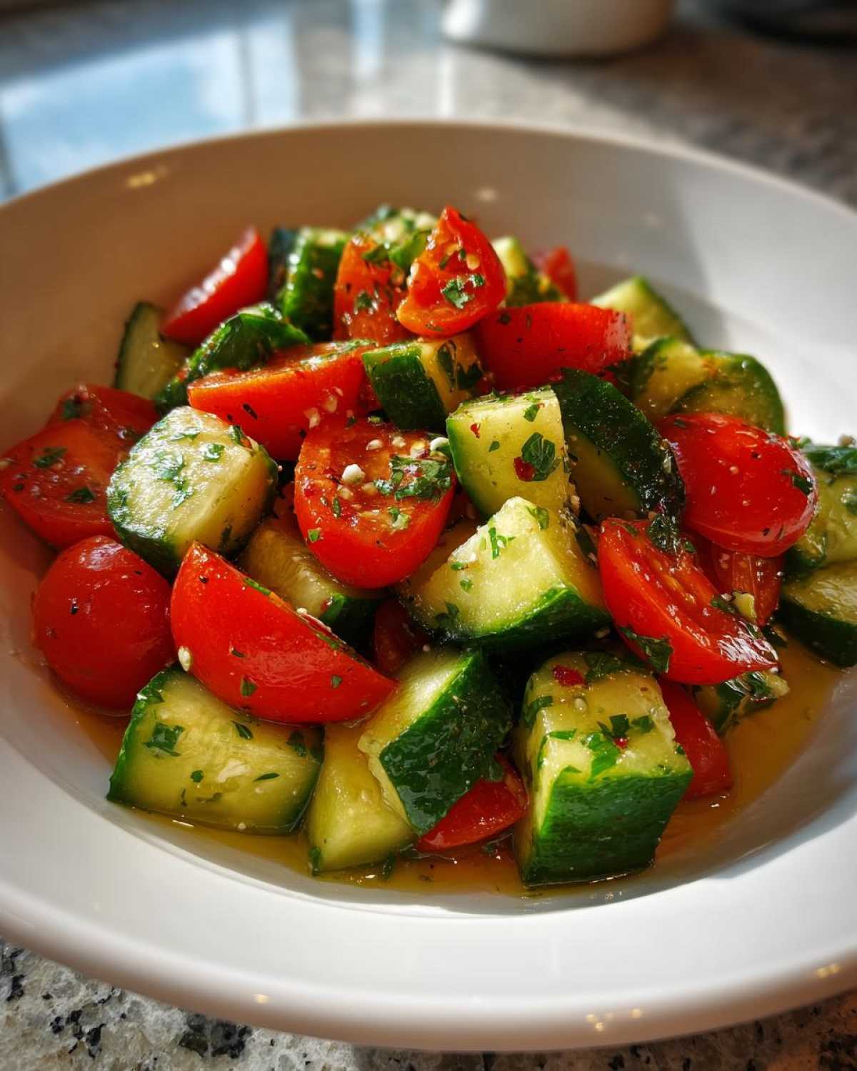 Close-up of vibrant Mediterranean Cucumber Tomato Salad chunks dressed in oil and herbs in a white bowl.