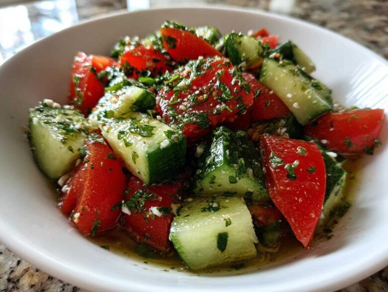 Close-up of a vibrant Mediterranean Cucumber Tomato Salad tossed with herbs and dressing in a white bowl.