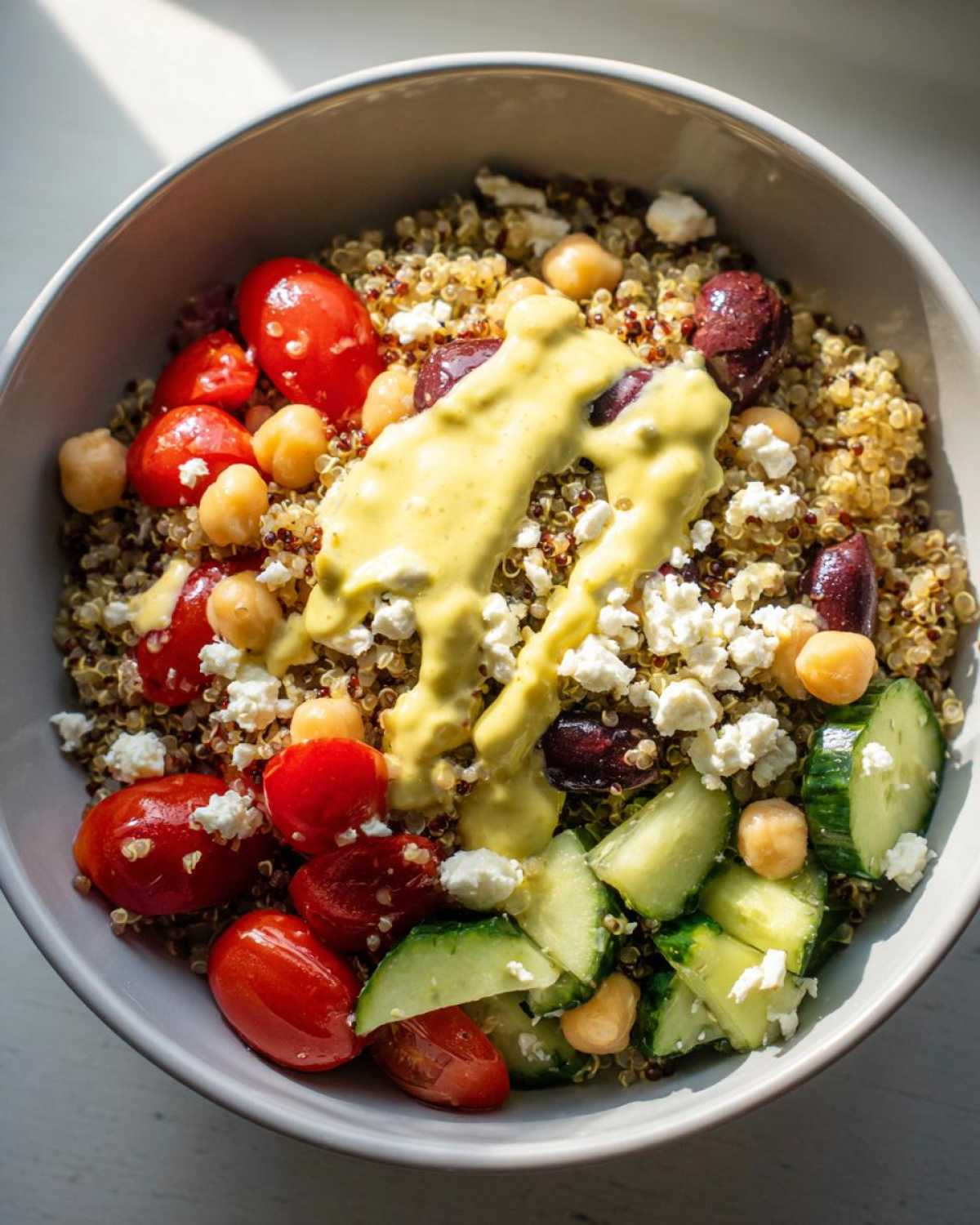 Overhead view of a Mediterranean Quinoa Bowl topped with cucumbers, tomatoes, feta, olives, and lemon tahini sauce.