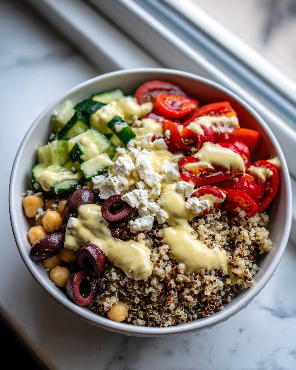 Close-up of a Mediterranean Quinoa Bowl featuring quinoa, cucumbers, tomatoes, feta, olives, and lemon tahini sauce.