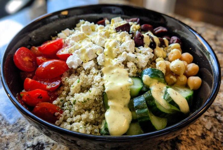 Close-up of a vibrant Mediterranean Quinoa Bowl featuring quinoa, feta, tomatoes, cucumbers, chickpeas, and lemon tahini sauce.