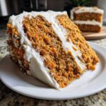 Close-up of a thick slice of Moist Carrot Cake with Cream Cheese Frosting, showing shredded carrots in the cake layers.