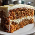 A close-up of a thick slice of Moist Carrot Cake with Cream Cheese Frosting, showing visible shredded carrots.