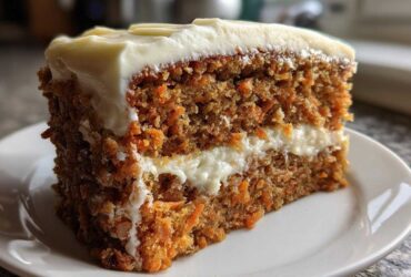 A close-up of a thick slice of Moist Carrot Cake with Cream Cheese Frosting, showing visible shredded carrots.