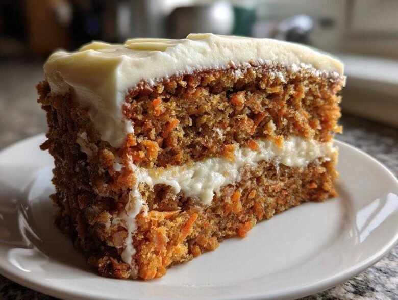 A close-up of a thick slice of Moist Carrot Cake with Cream Cheese Frosting, showing visible shredded carrots.