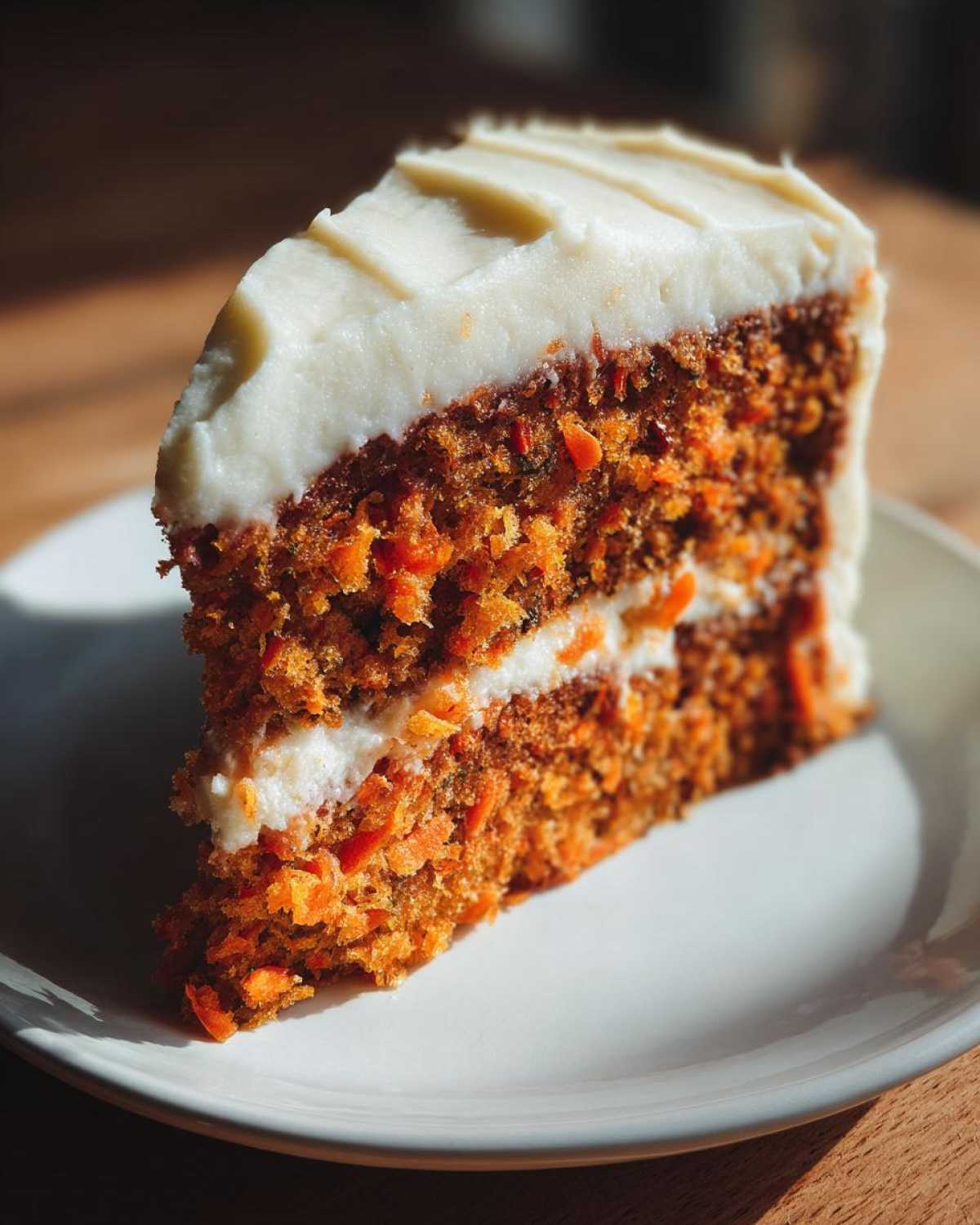 A perfect slice of Moist Carrot Cake with Cream Cheese Frosting showing visible carrot shreds.