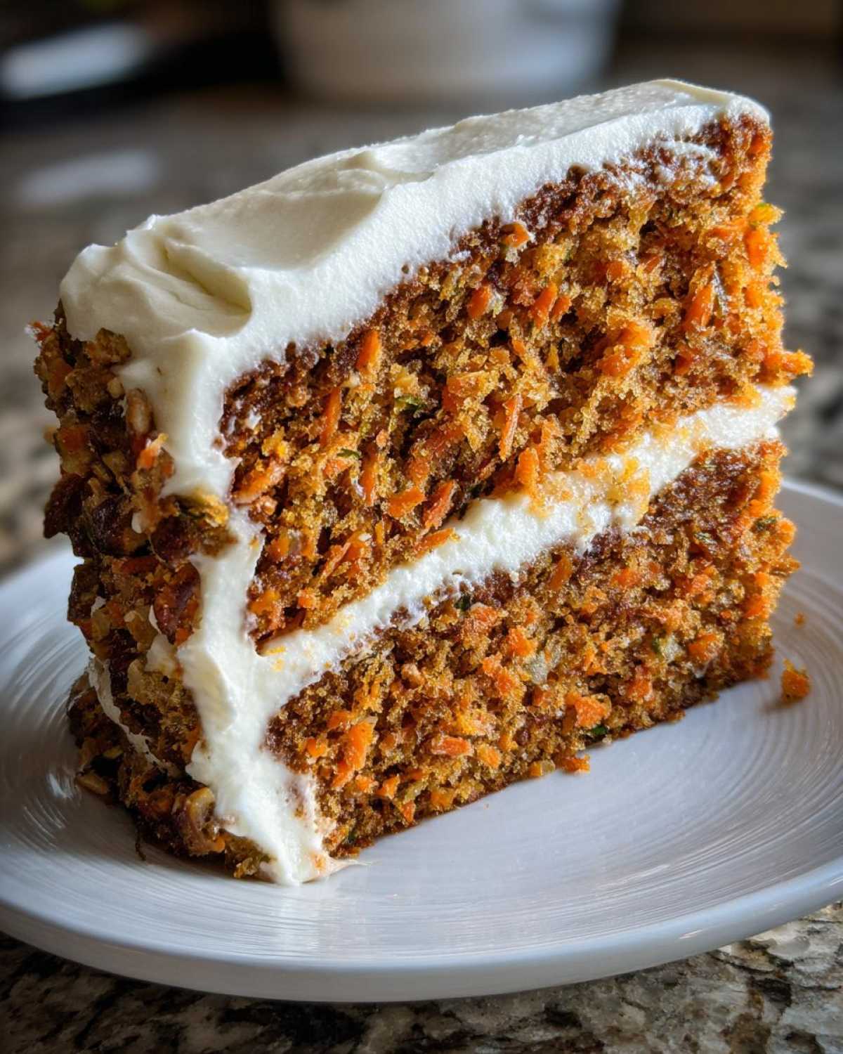A tall, moist slice of carrot cake layered with thick cream cheese frosting.