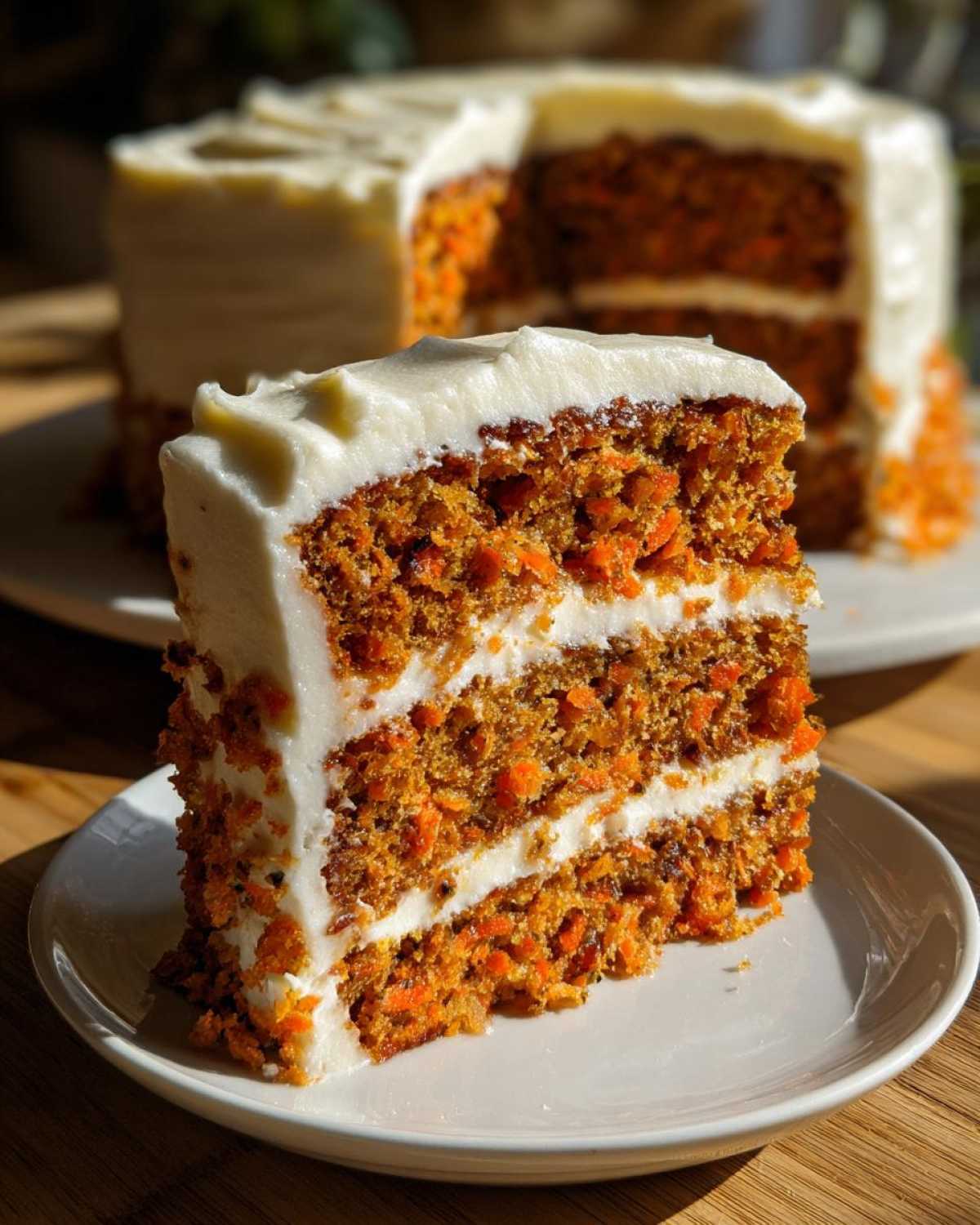 A thick slice of Moist Carrot Cake with Cream Cheese Frosting showing three layers of cake and two layers of frosting.