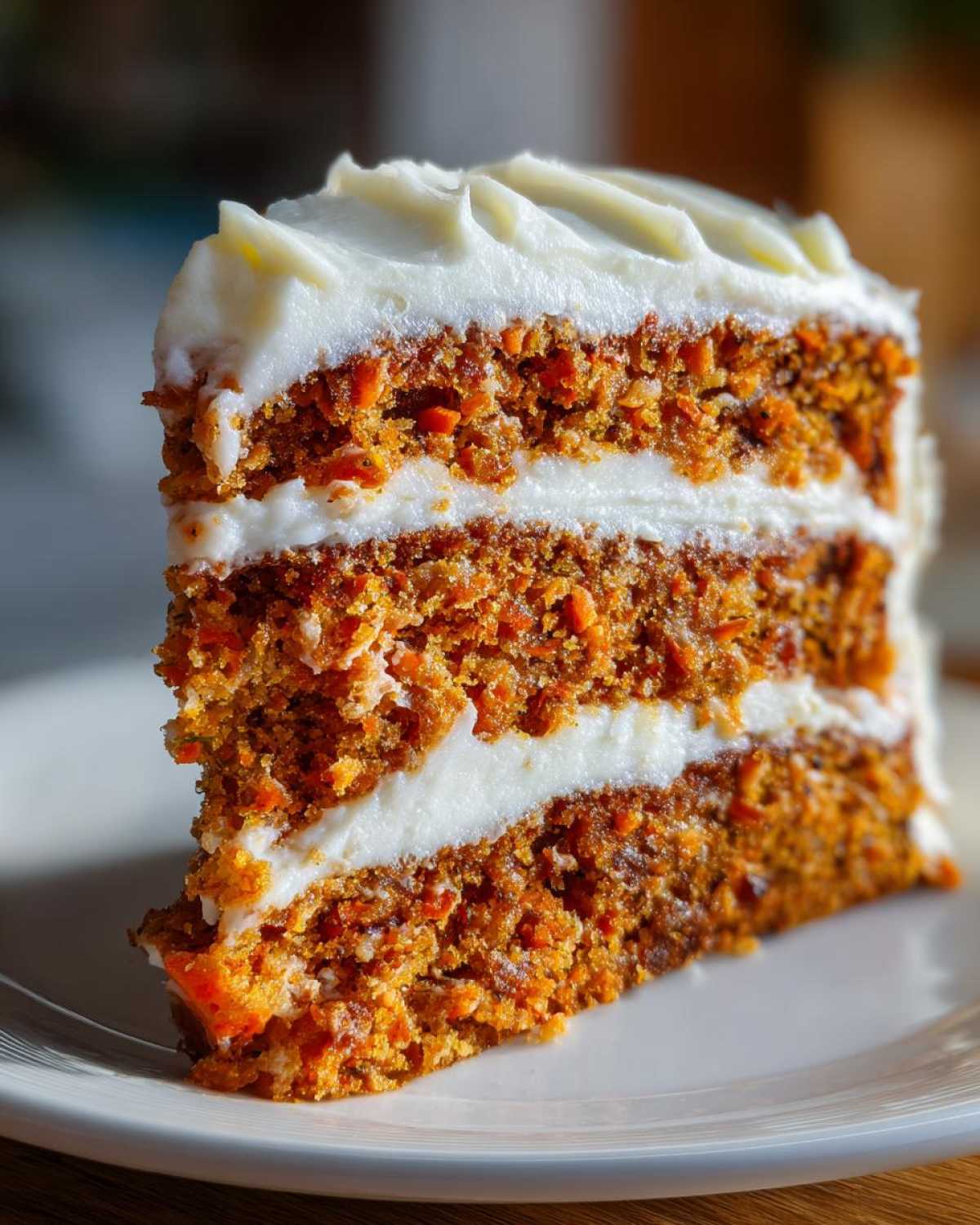 Close-up of a tall, moist carrot cake slice with three layers and thick cream cheese frosting.