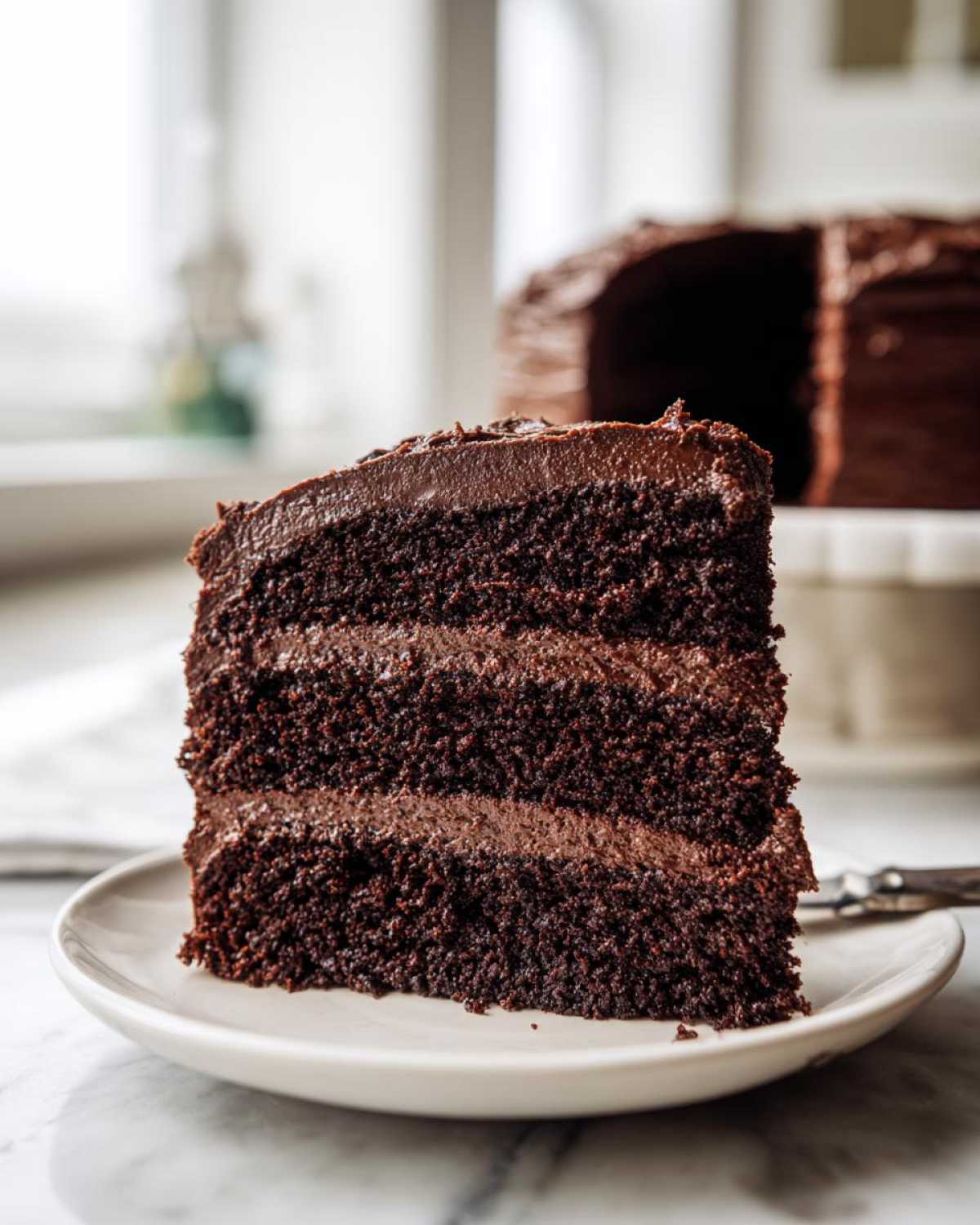 Close-up of a tall, moist slice of Gluten-Free Chocolate Cake with thick chocolate frosting layers.