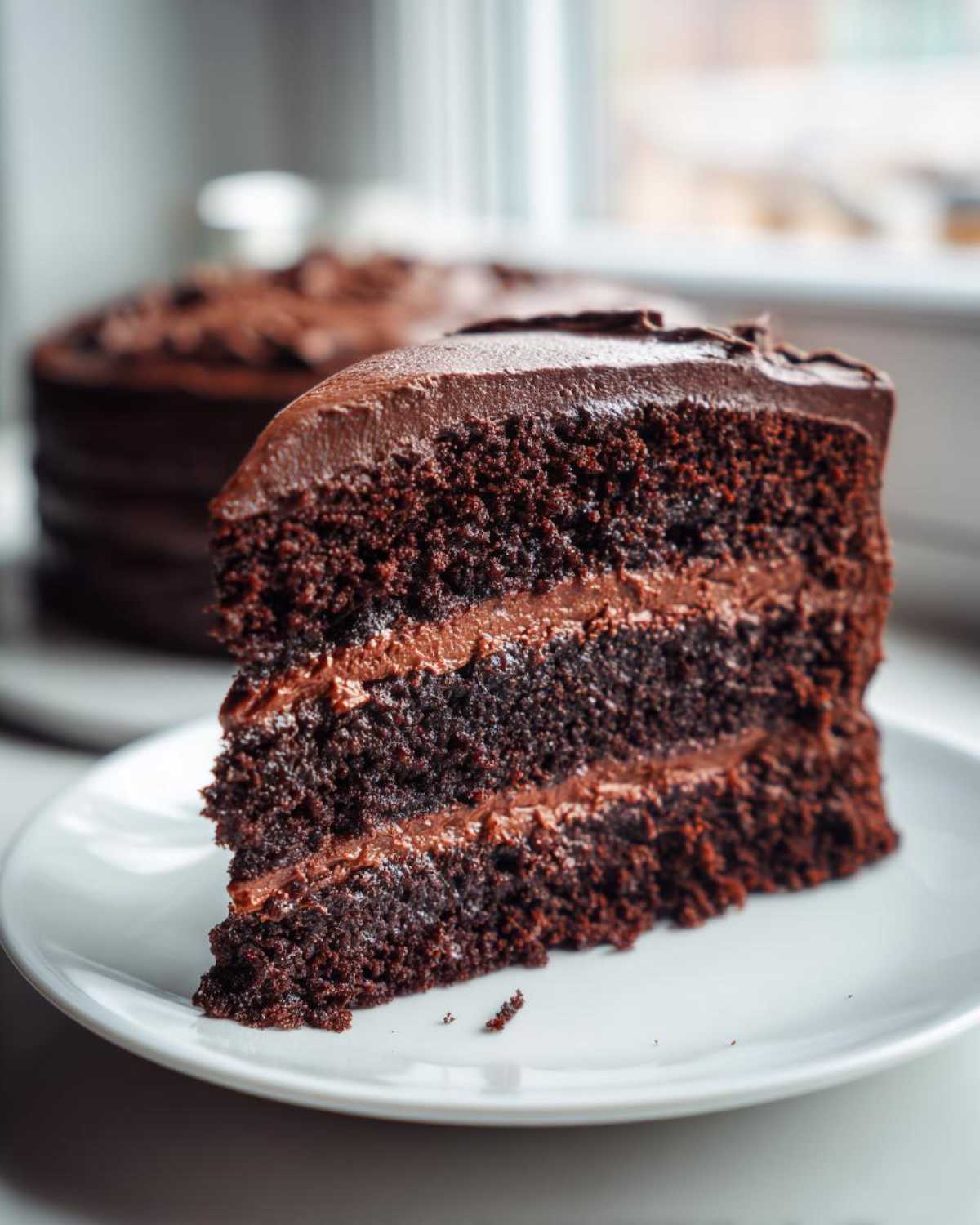 A decadent slice of three-layer Gluten-Free Chocolate Cake with rich chocolate frosting.