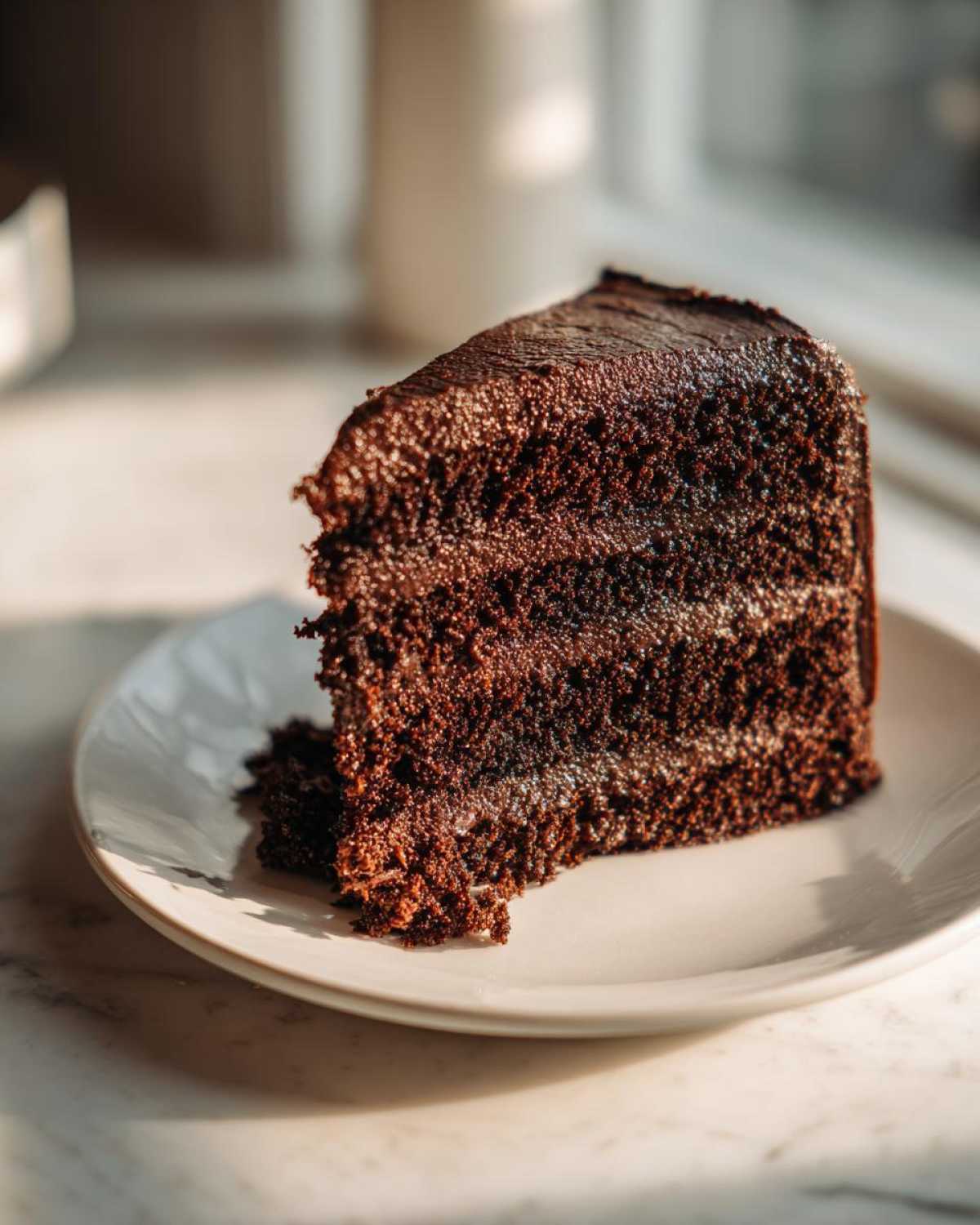 A rich, dark slice of moist Gluten-Free Chocolate Cake with visible layers on a white plate.